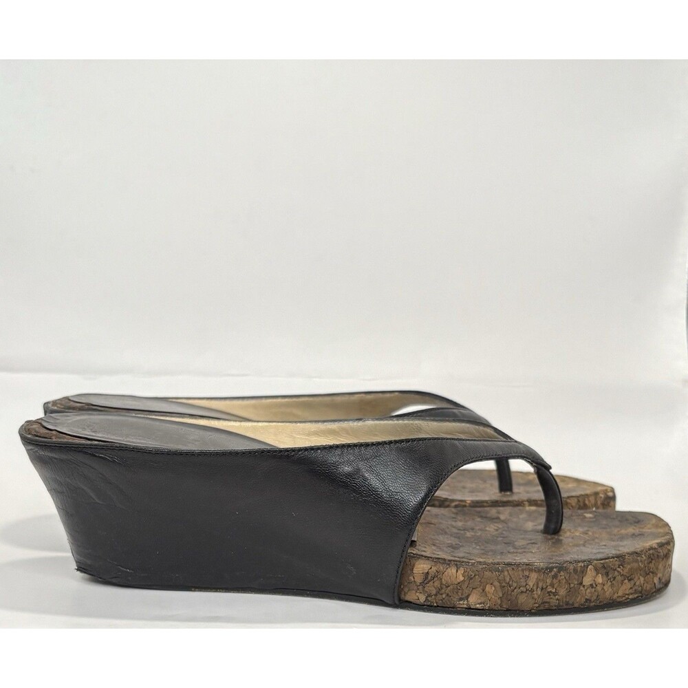Christian Louboutin Black Leather & Cork Thong Wedge Sandals Sz Eu 36.5 6.5